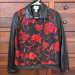 Chico's Black and Red Embroidered Faux Leather Jacket